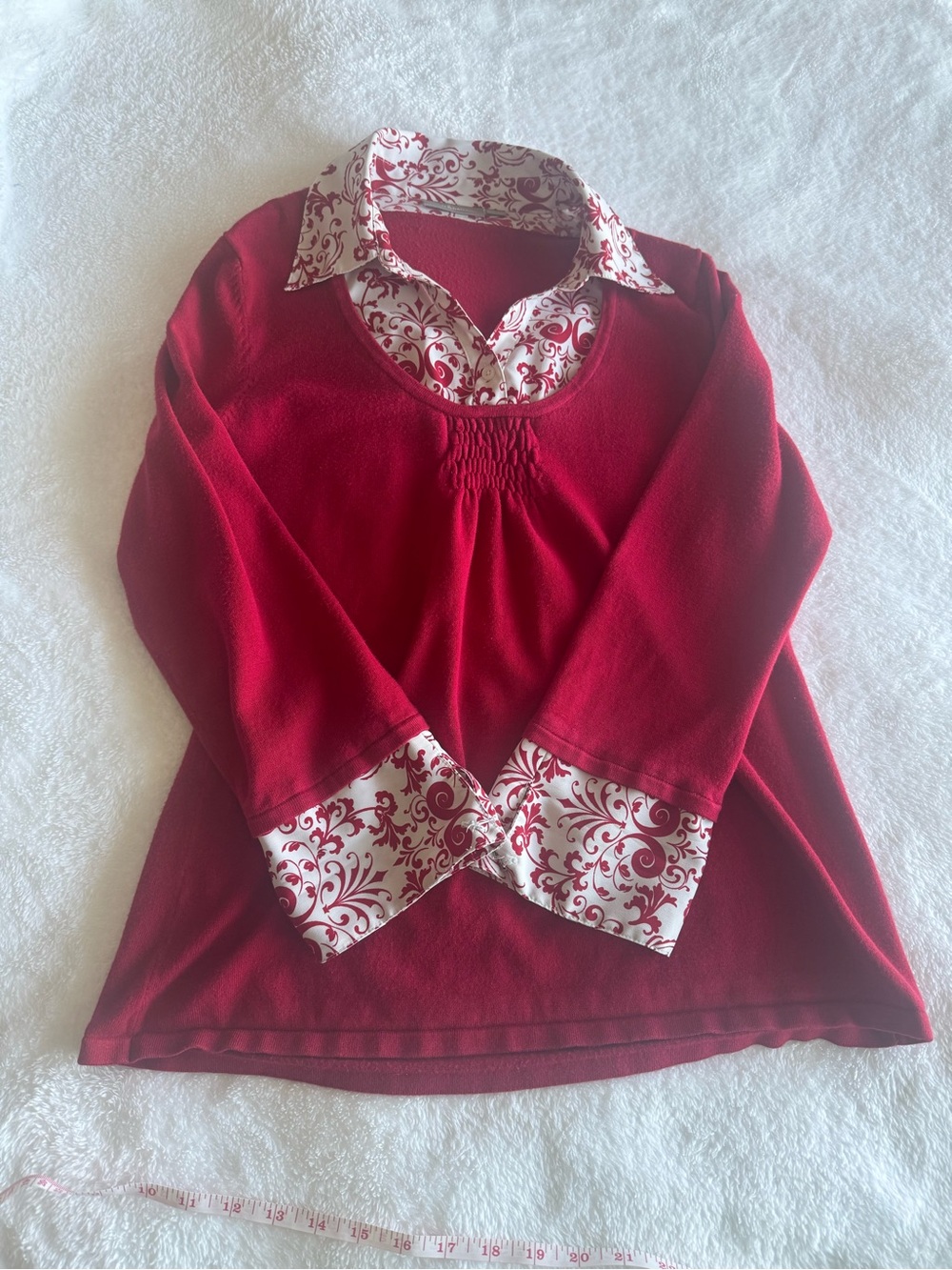 croft & barrow Red Layered-Look Scoop Neck Sweater with Printed Collar & Cuffs